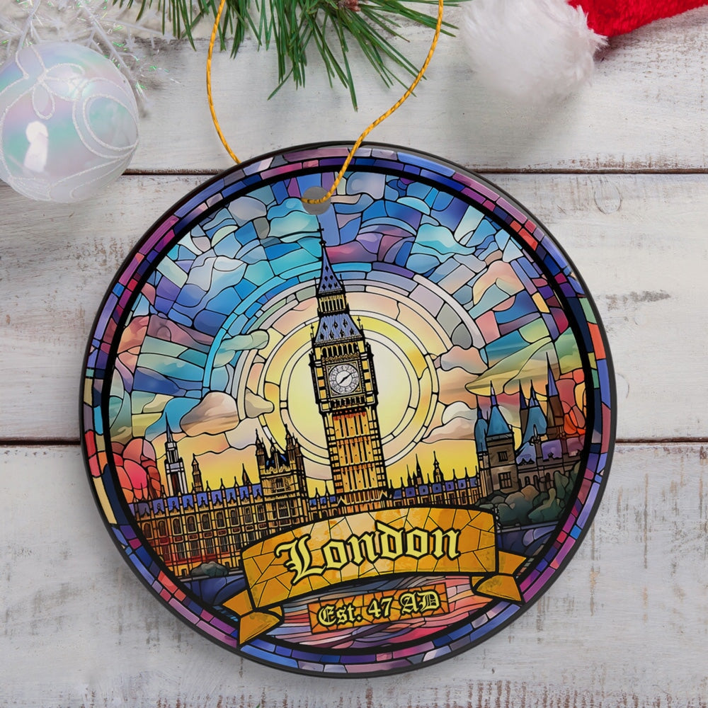 Elegant London Stained Glass Art Style Ornament, Vintage Big Ben Souvenir