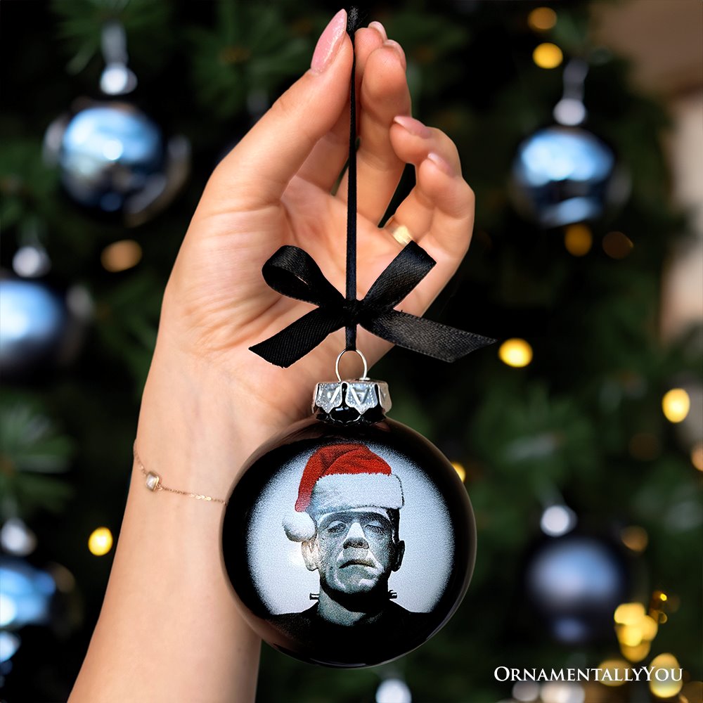 Frankenstein Christmas Spooky Portrait Glass Ornament, Black Horror Halloween Tree Decoration