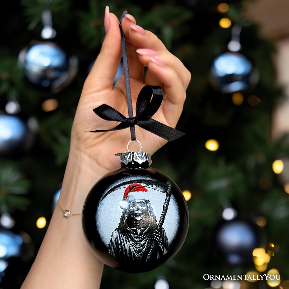 Grim Reaper Christmas Spooky Portrait Glass Ornament, Black Horror Halloween Tree Decoration