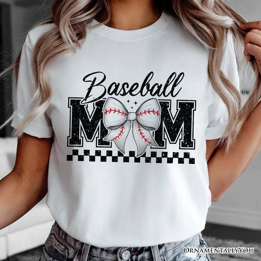 Baseball Mom Coquette Bow Retro T-Shirt, Stylish Game Day White Tee for Trendy and Proud Sports Mothers
