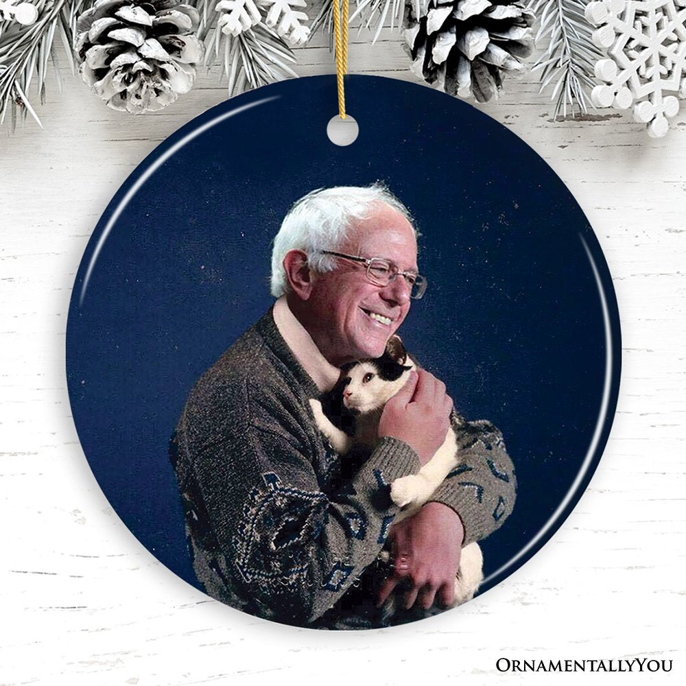 Bernie Sanders Ornament, Christmas Decoration Bernie Holding Cat