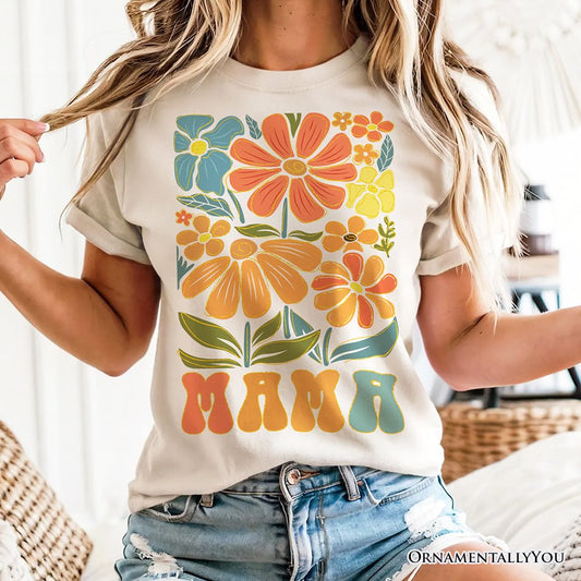 Boho Floral Mama T-Shirt, Natural and White Tee Large Flowers for Modern Moms