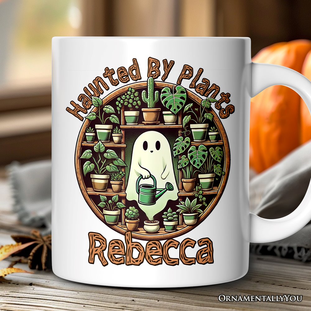 Green Thumb Ghost, Personalized Halloween Mug, Haunted by Plants, Fun Gardener Gift with Custom Name