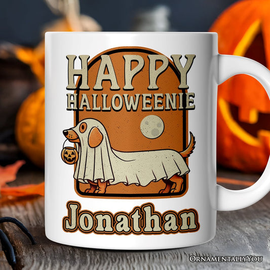 Happy Halloweenie, Personalized Halloween Mug, Retro Halloween Dachshund Gift with Custom Name