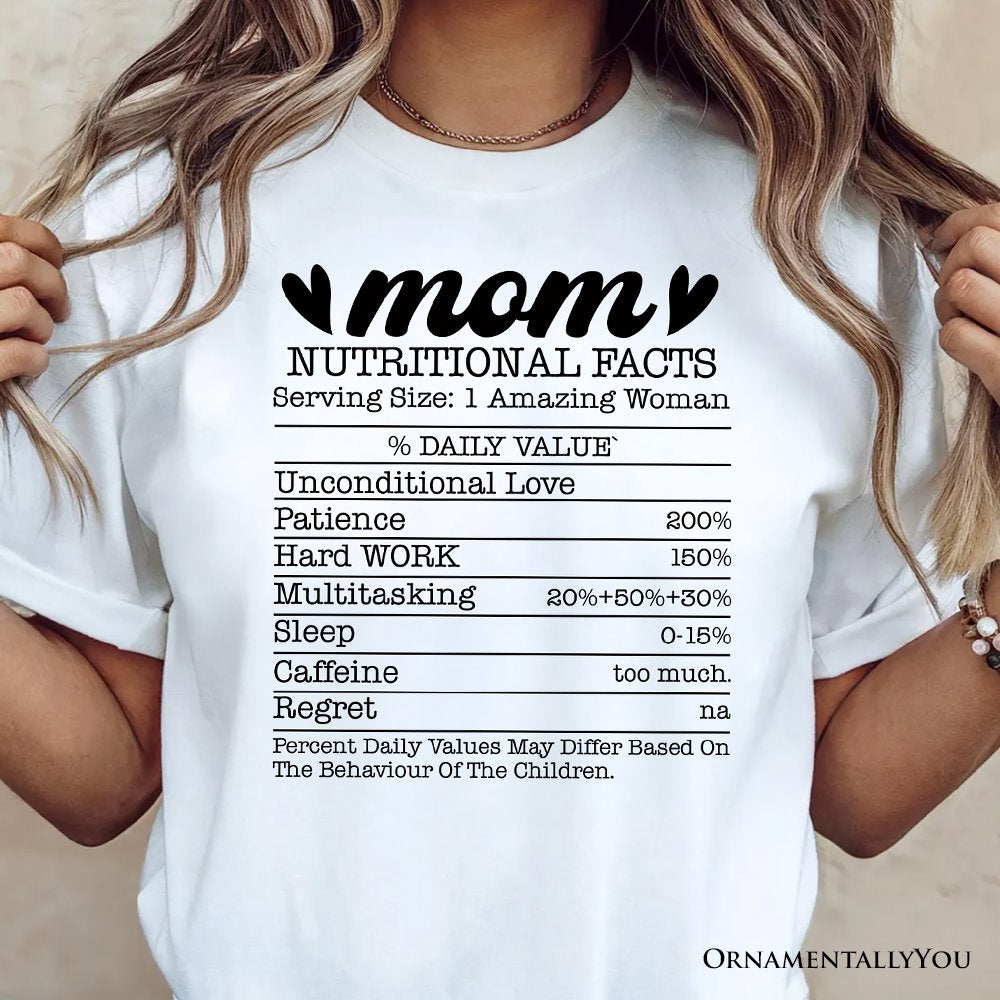 Mom Nutritional Facts Funny T-Shirt, White and Natural Mom Life Tee for Exhausted and Caffeinated Mothers