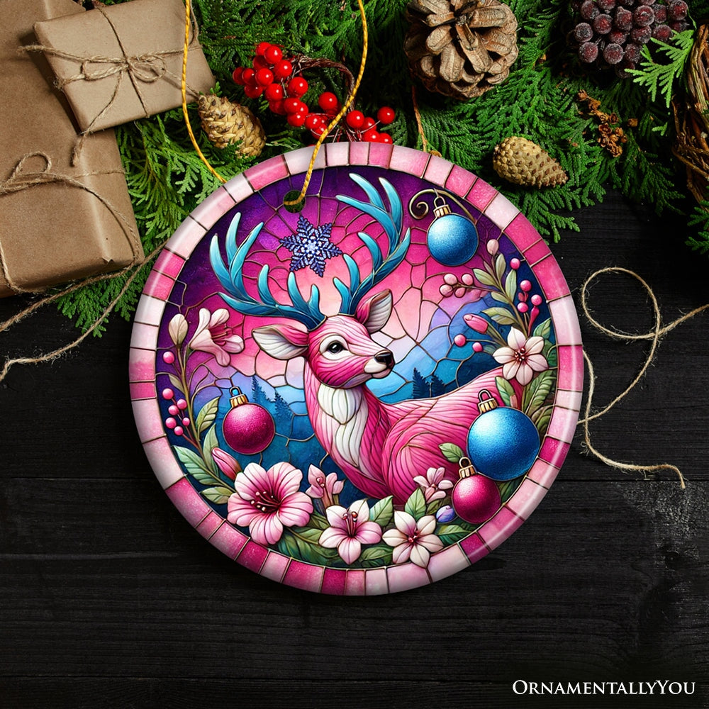 Mystical Yuletide Deer Pink Themed Ornament, Elegant Christmas Tree Decor