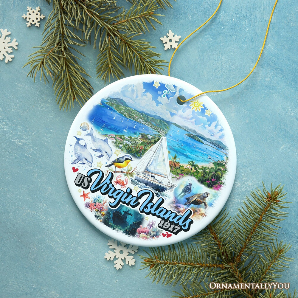 Artistic US Virgin Islands Ornament, Tropical Beach Paradise in Atlantic Ocean Christmas Souvenir