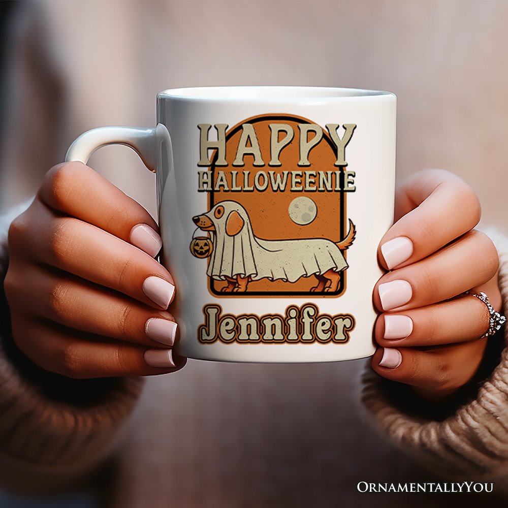 Happy Halloweenie, Personalized Halloween Mug, Retro Halloween Dachshund Gift with Custom Name