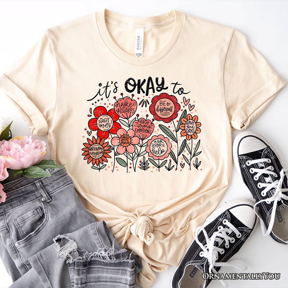 It's Okay Floral Affirmation T-Shirt, Boho White and Natural Motivational Tee for Kind and Inspirational Women