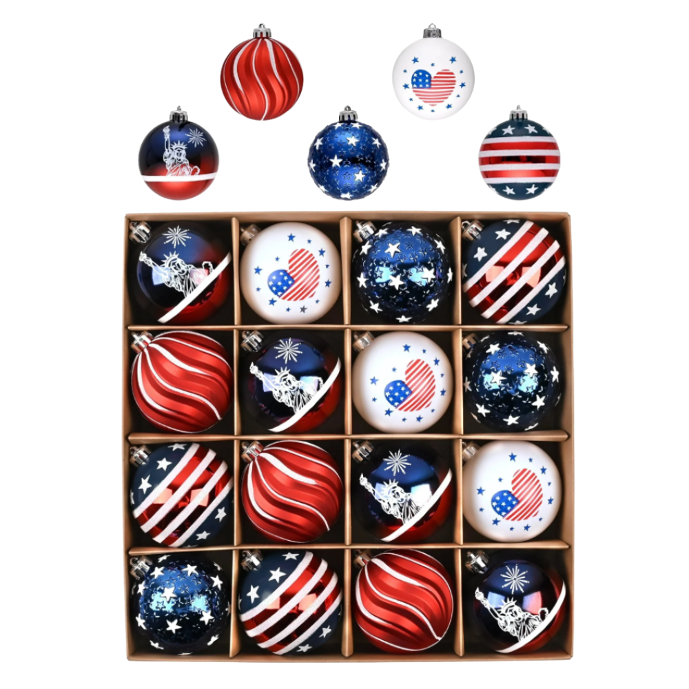 Independence Day Bauble Ornaments, 16 Piece Patriotic Tree Decor