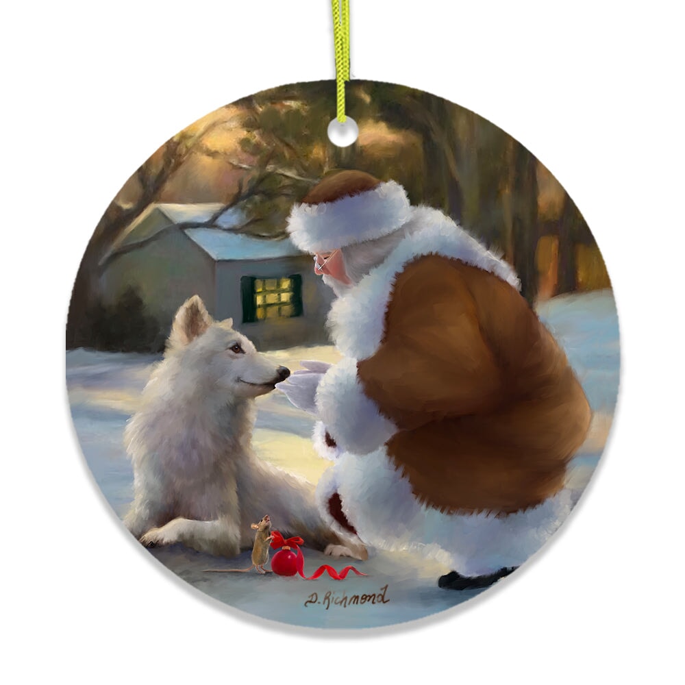 It's Almost Christmas Santa Wolf and Curious Mouse Ornament
