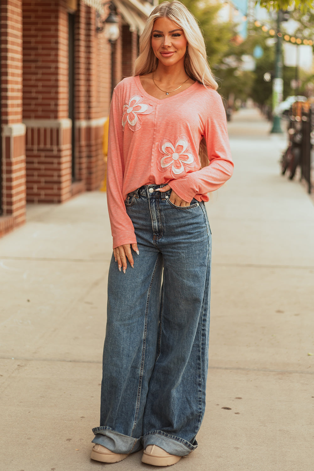 Rachel Floral Patchwork V Neck Long Sleeve Top