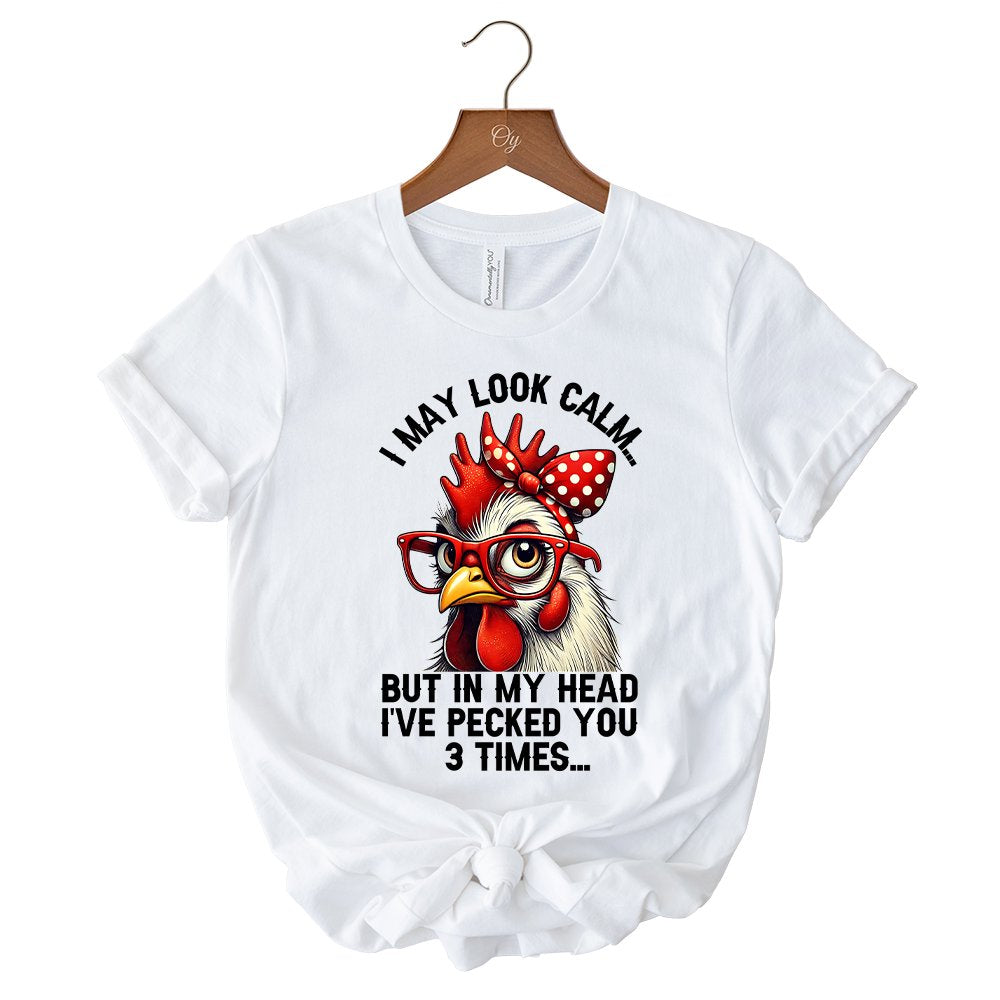 Pecking Chicken T-Shirt, Red Glasses and Bow White Tee for Sassy Women