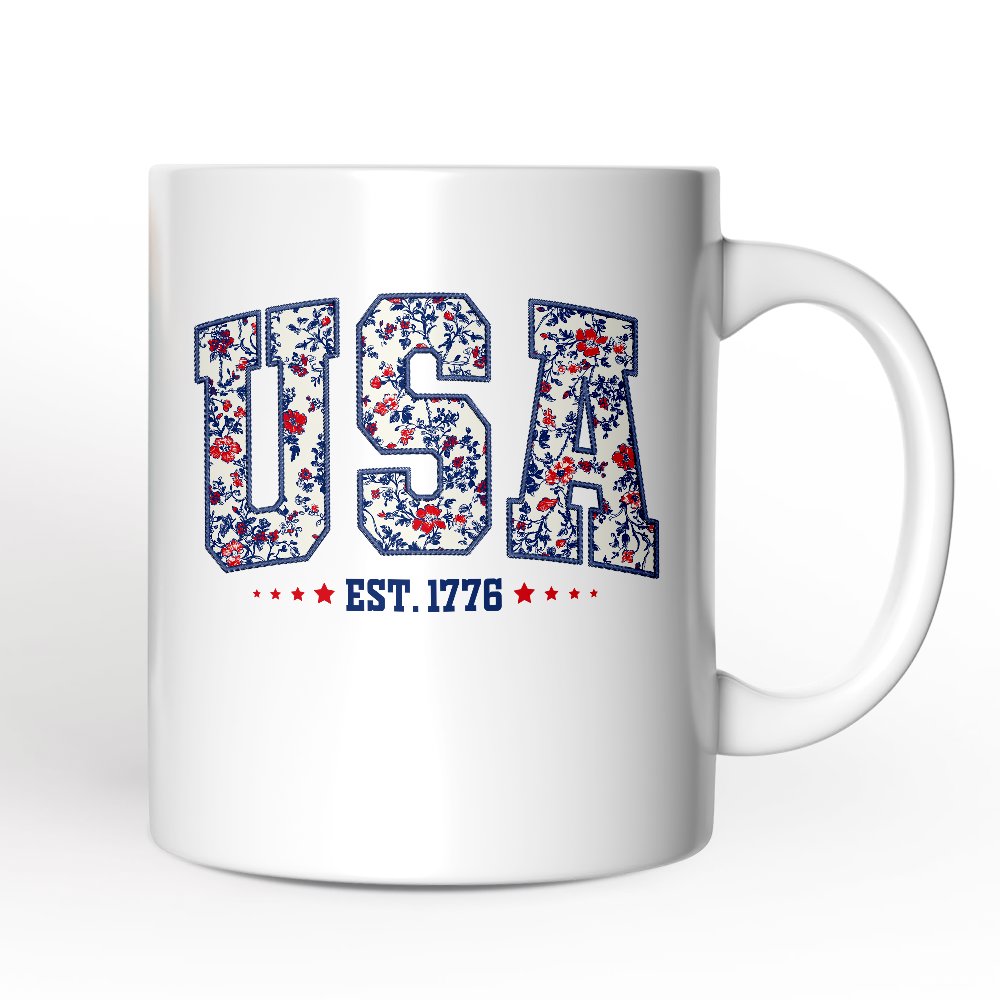 Patriotic USA Floral Personalized Mug, 1776 Independence Day Gift with Custom Name