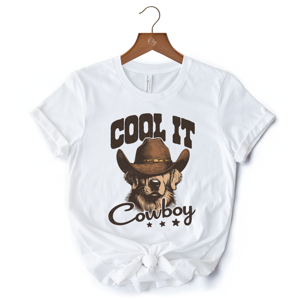 Cool It Cowboy T-Shirt With Western Dog, Retro Golden Retriever White and Natural Tee for Country Lover