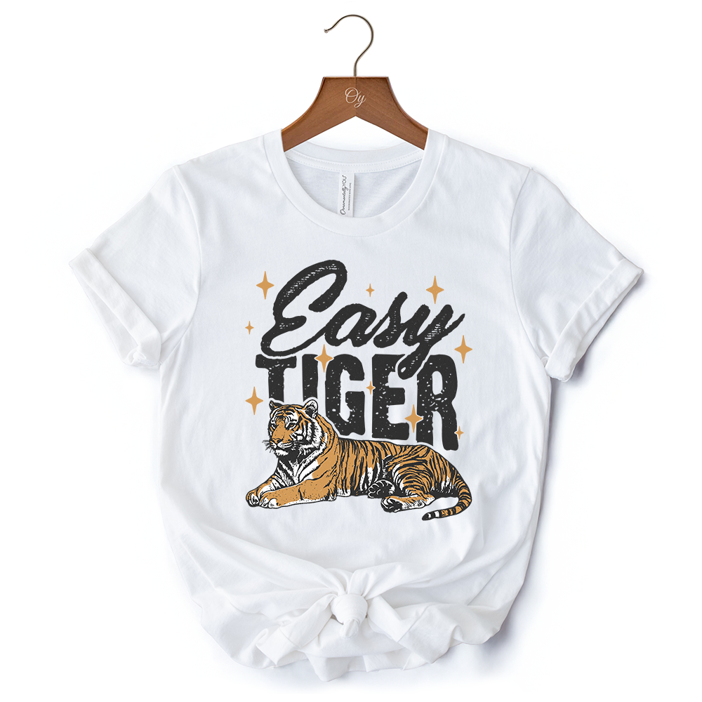 Easy Tiger Retro Grunge T-Shirt, Vintage White and Natural Tee With Wild Animal