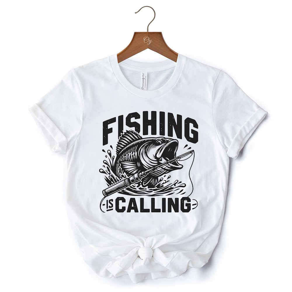Fishing Is Calling T-Shirt, White Outdoor Tee for Fishermen Dads
