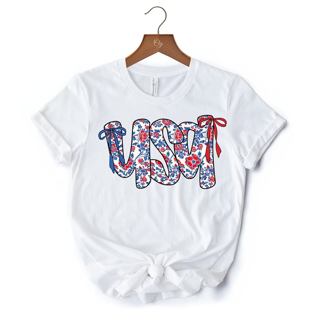 Floral USA Patriotic T-Shirt, 4th of July White, Natural and Black Tee for Stylish Women