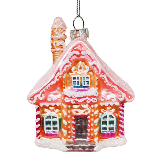 Frosted Pink Cottage Glass Christmas Ornament, Sugar Sweet Gingerbread Home Holiday Tree Decoration