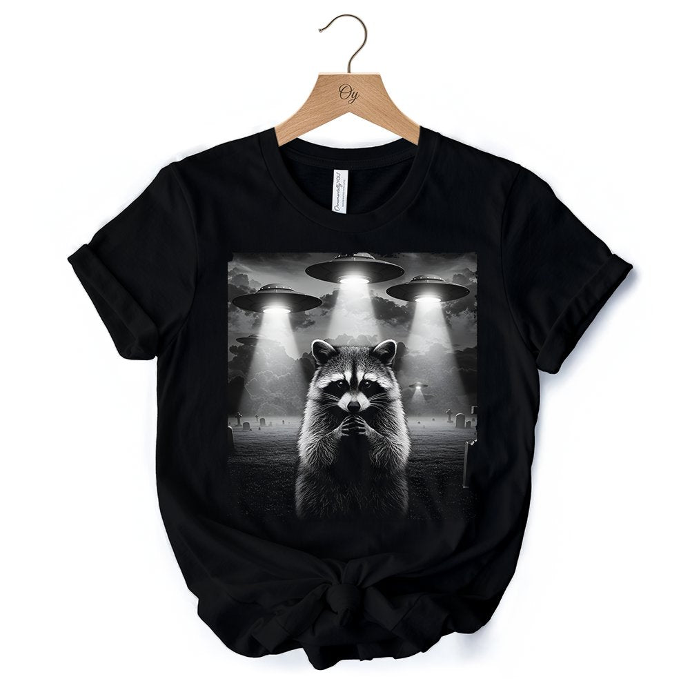Funny Raccoon UFO T-Shirt, Unisex Black Tee for Space Lover