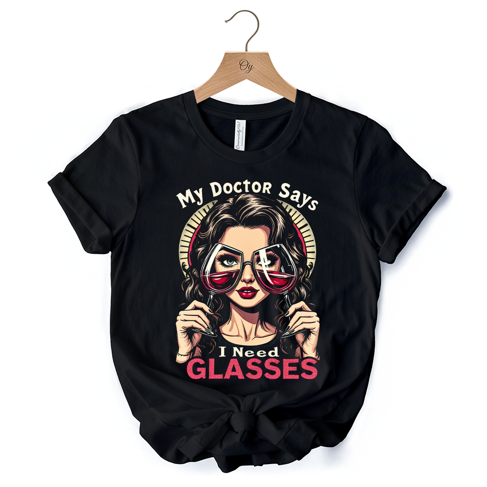 I Need Glasses Funny Wine T-Shirt, Retro Glam Black Tee for Stylish and Witty Women