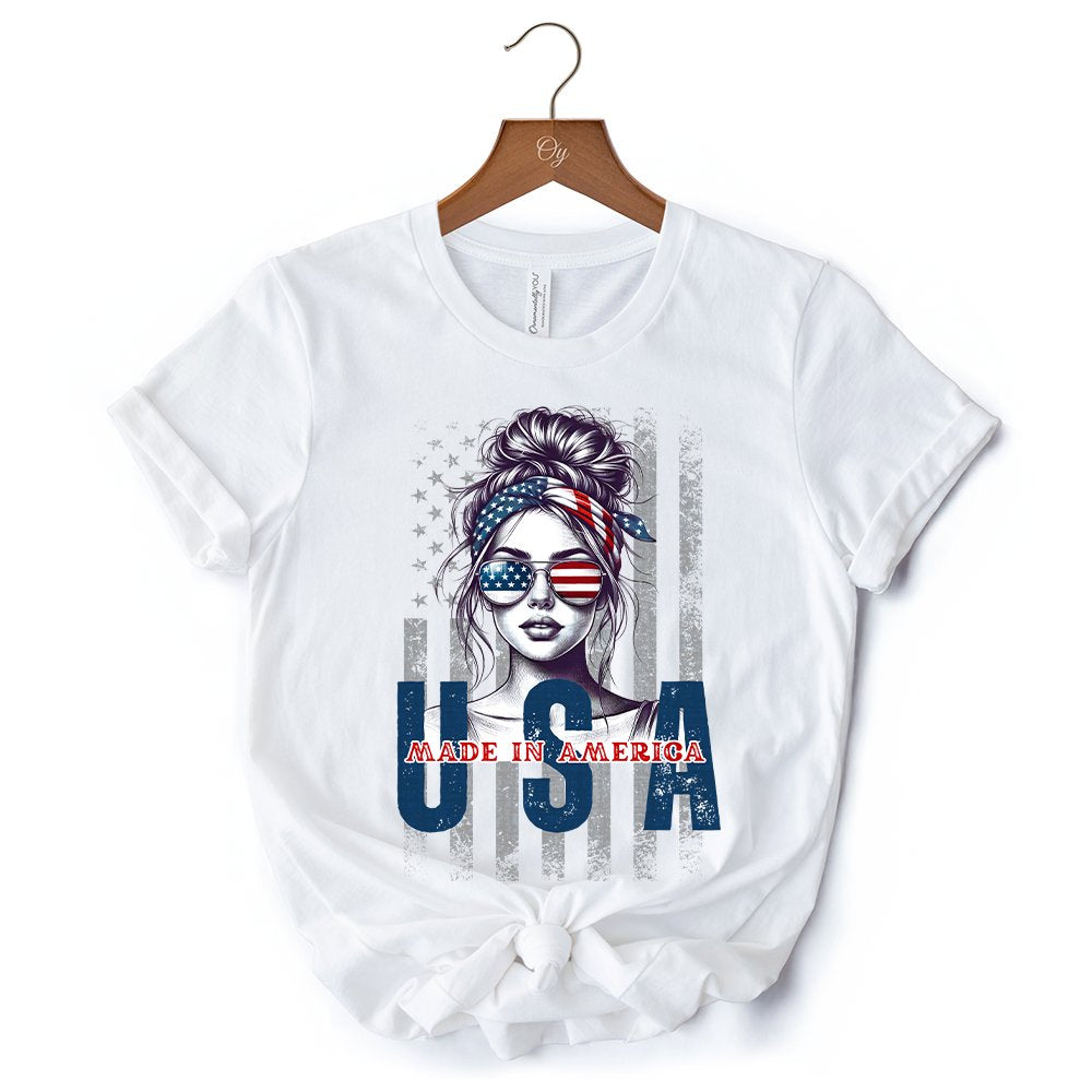 Made in America Messy Bun T-Shirt, Retro 4th of July White Patriotic Tee