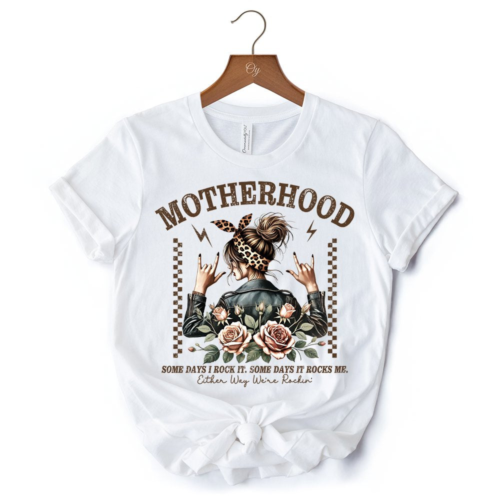 Motherhood Mama Rock T-Shirt, Retro White and Natural Tee for Strong and Rocking Mothers