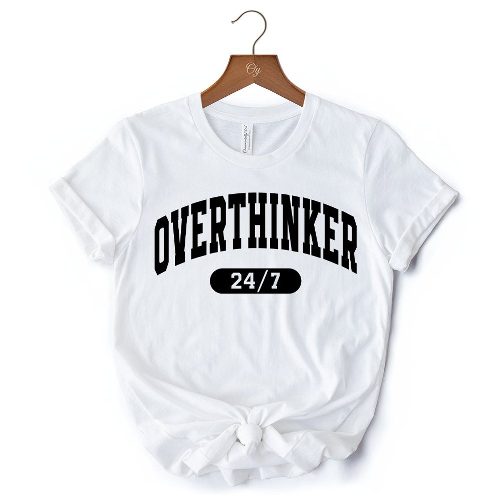 Over Thinker 247 T-Shirt, Minimalist Collegiate White, Natural and Black Tee for Tired Women