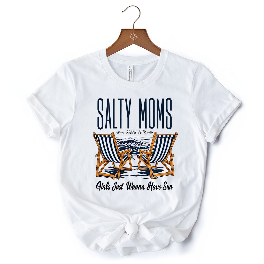 Salty Moms Beach Club T-Shirt, Retro White Tee for Cool Summer Mothers