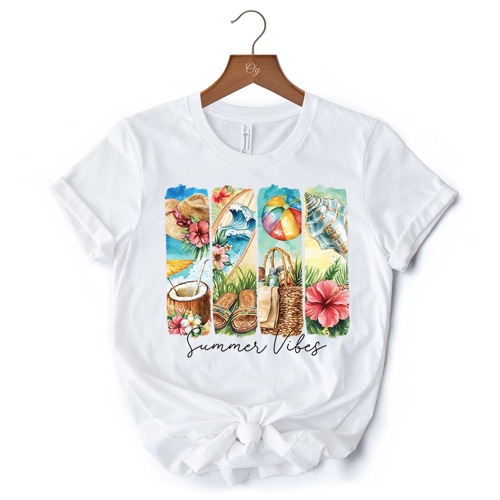 Summer Vibes T-Shirt, White and Natural Beach Tee with Coconut and Flowers