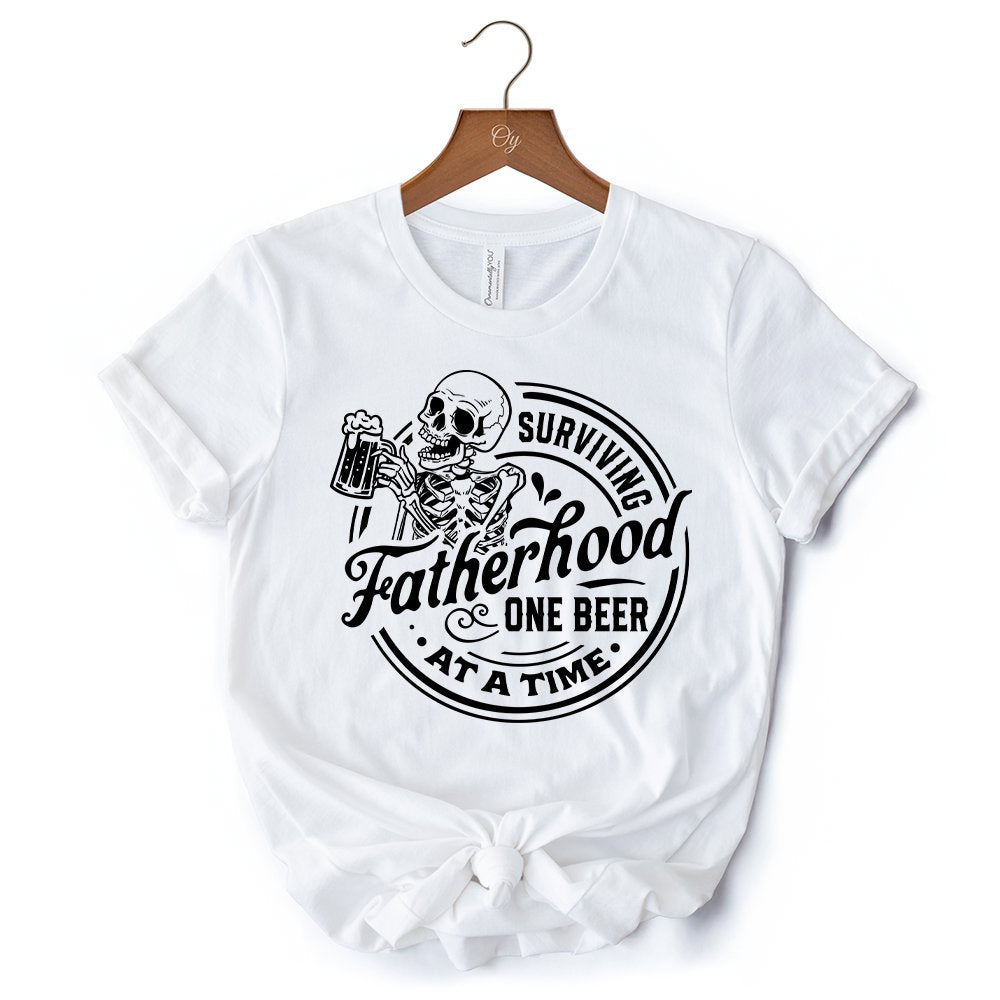 Surviving Fatherhood Skeleton Beer T-Shirt, White Vintage Tee for Tired and Hilarious Dads