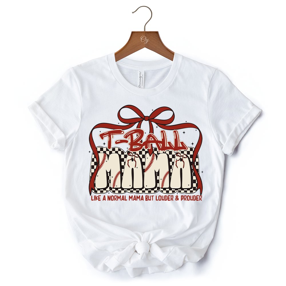 T-Ball Mama Coquette Red Bow T-Shirt, Retro White and Natural Tee for Proud Sports Moms