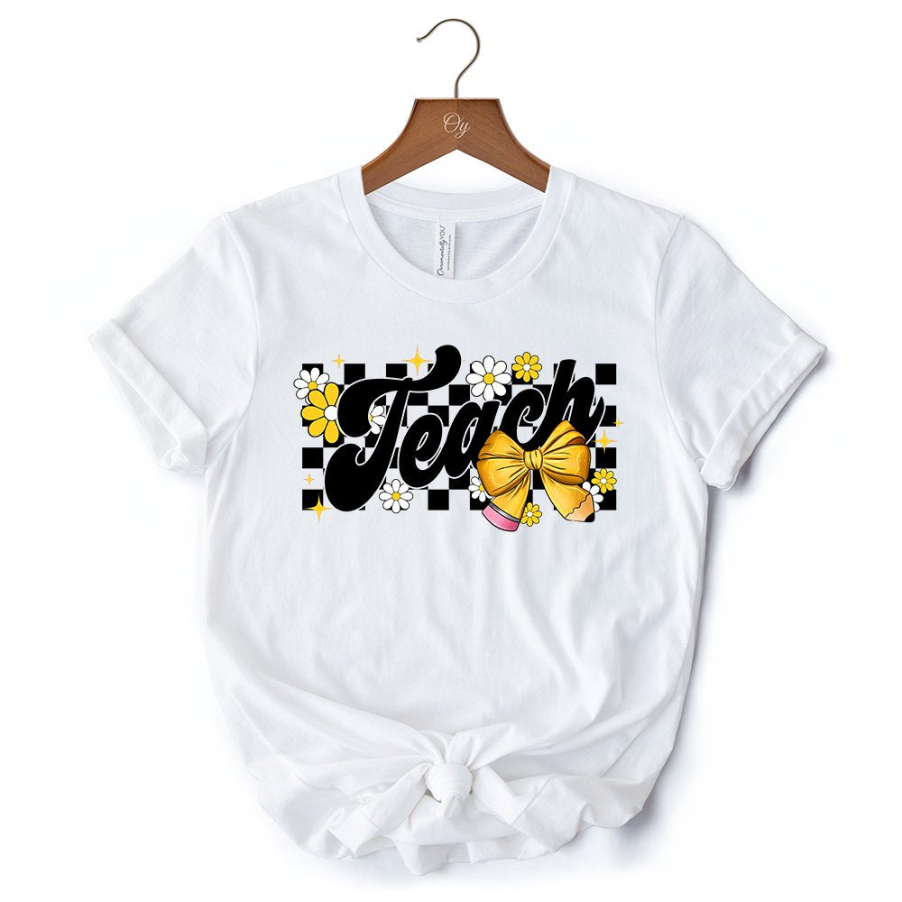 Teach Checkered Coquette Bow T-Shirt, White and Natural Retro Tee for Trendy Teachers