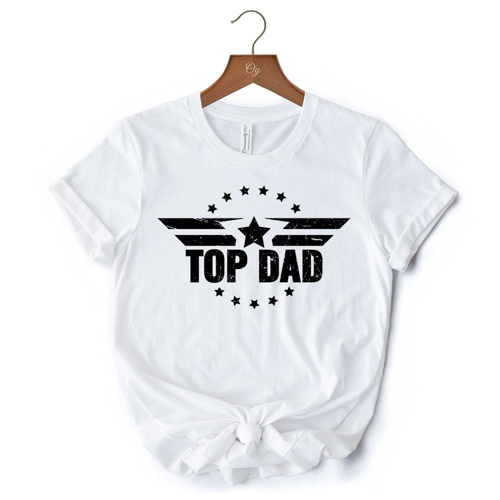 Top Dad Military Star T-Shirt, White and Black Patriotic Tee for Heroic and Proud Fathers