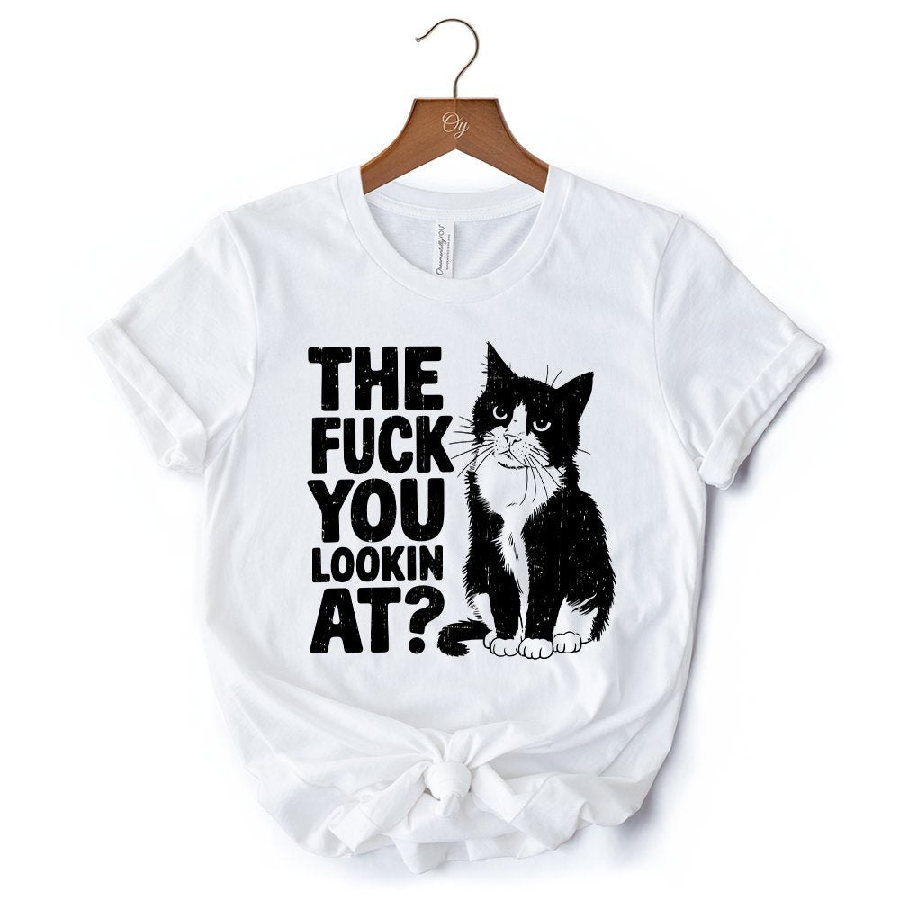 What Are You Looking At T-Shirt, Sarcastic Cat Lover White Tee for Sassy People