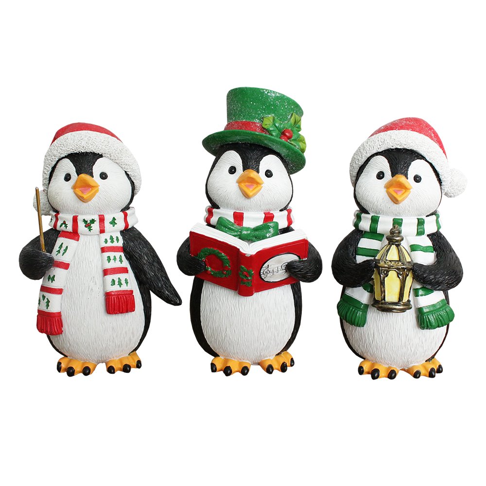 Caroling Penguin Trio Set of Christmas Figurines, 6" Winter Holiday Statue Set of Three