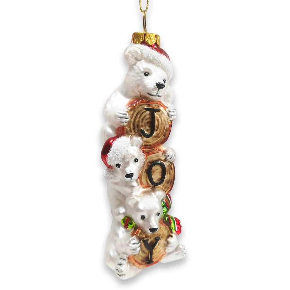 Joyful Polar Bear Trio Stacked Glass Christmas Ornament