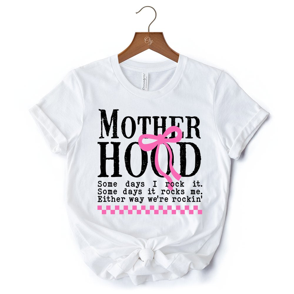 Motherhood Coquette Pink Bow T-Shirt, Retro Checkered White Tee for Sassy and Stylish Moms