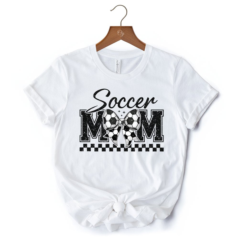 Soccer Mom Coquette Bow Retro T-Shirt, Stylish Game Day White Tee for Trendy and Proud Sports Mothers