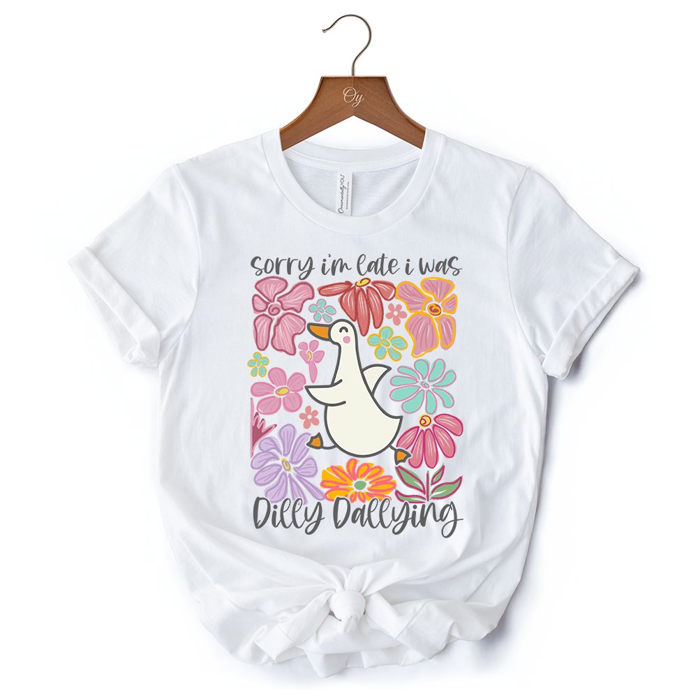 Sorry I'm Late I Was Dilly Dallying Goose T-Shirt, White and Natural Flowers Tee For Women