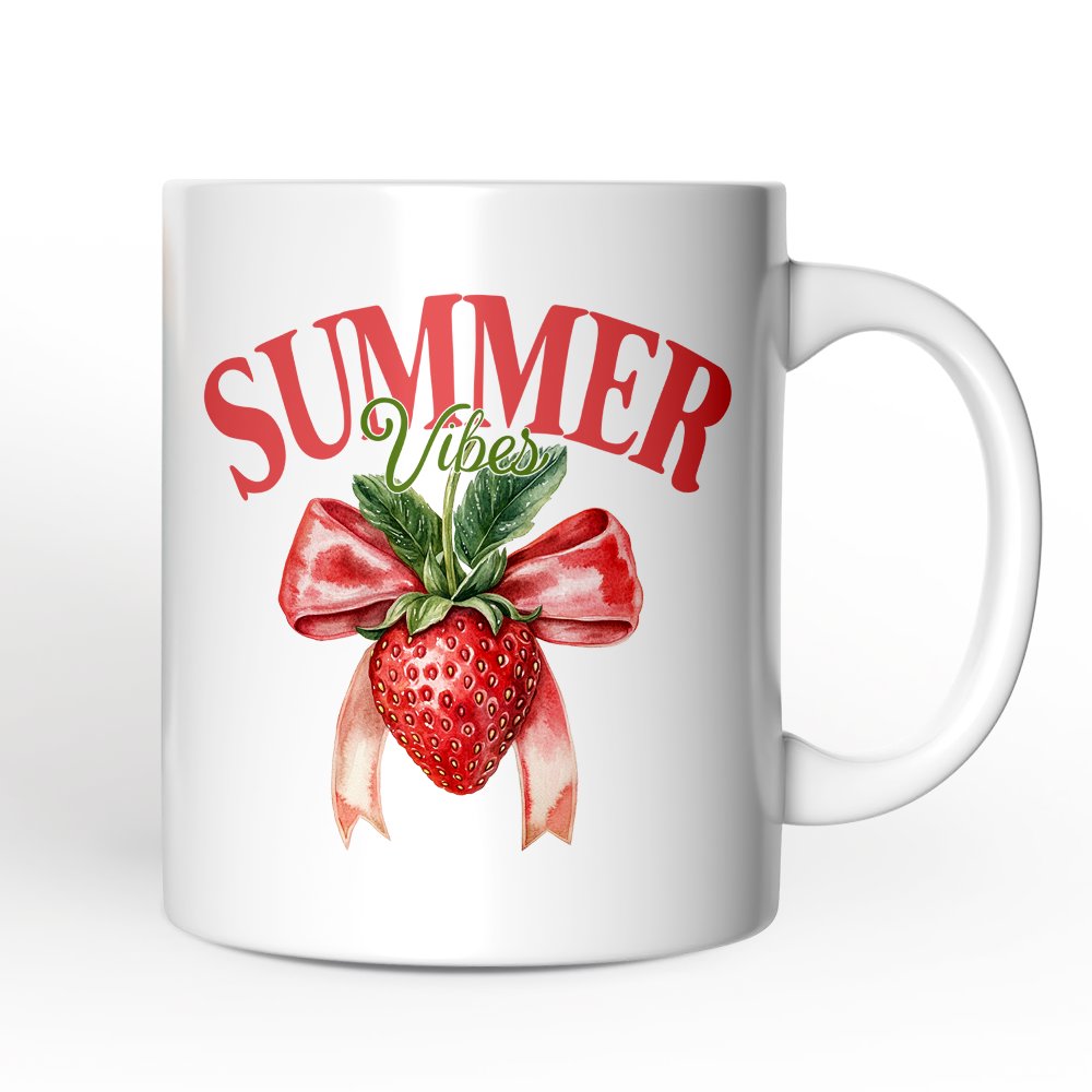 Summer Vibes Strawberry Personalized Mug, White, Seasonal Coquette Gift with Custom Name