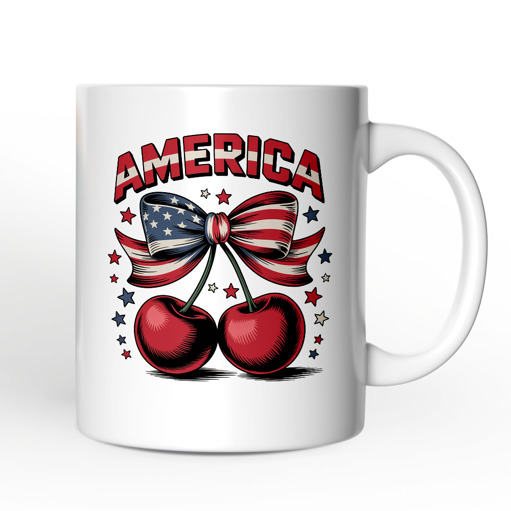 America Coquette Cherries Personalized Mug, Patriotic 4th of July Gift with Custom Name