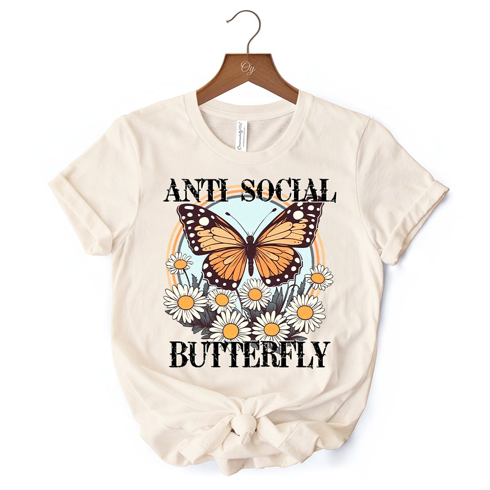 Anti Social Butterfly T-Shirt, Retro White and Natural Tee for Quirky and Independent Women