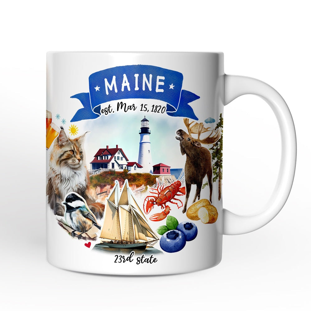 Artistic Maine State Themes and Landmarks Personalized Mug With Custom Name