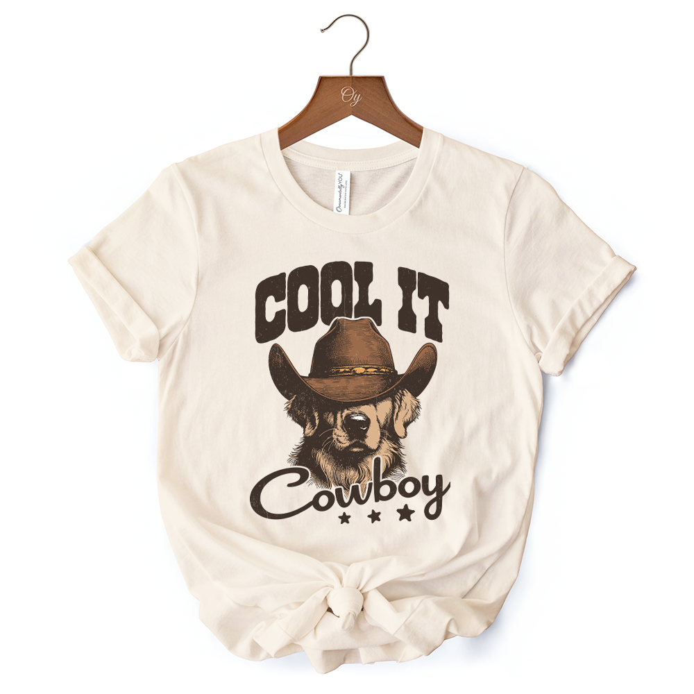 Cool It Cowboy T-Shirt With Western Dog, Retro Golden Retriever White and Natural Tee for Country Lover