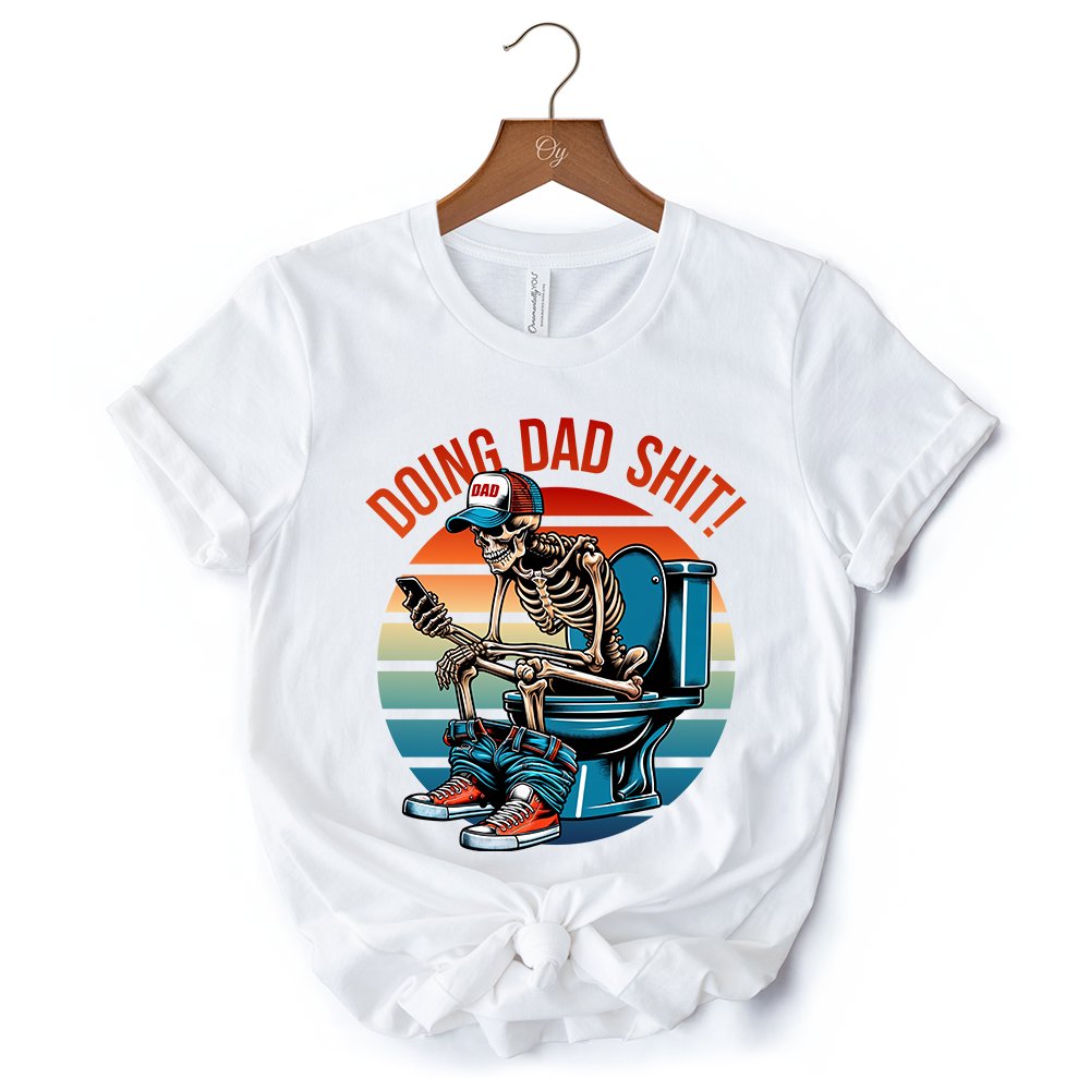 Doing Dad Stuff Skeleton T-Shirt, White and Black Funny Retro Tee for Bold Fathers