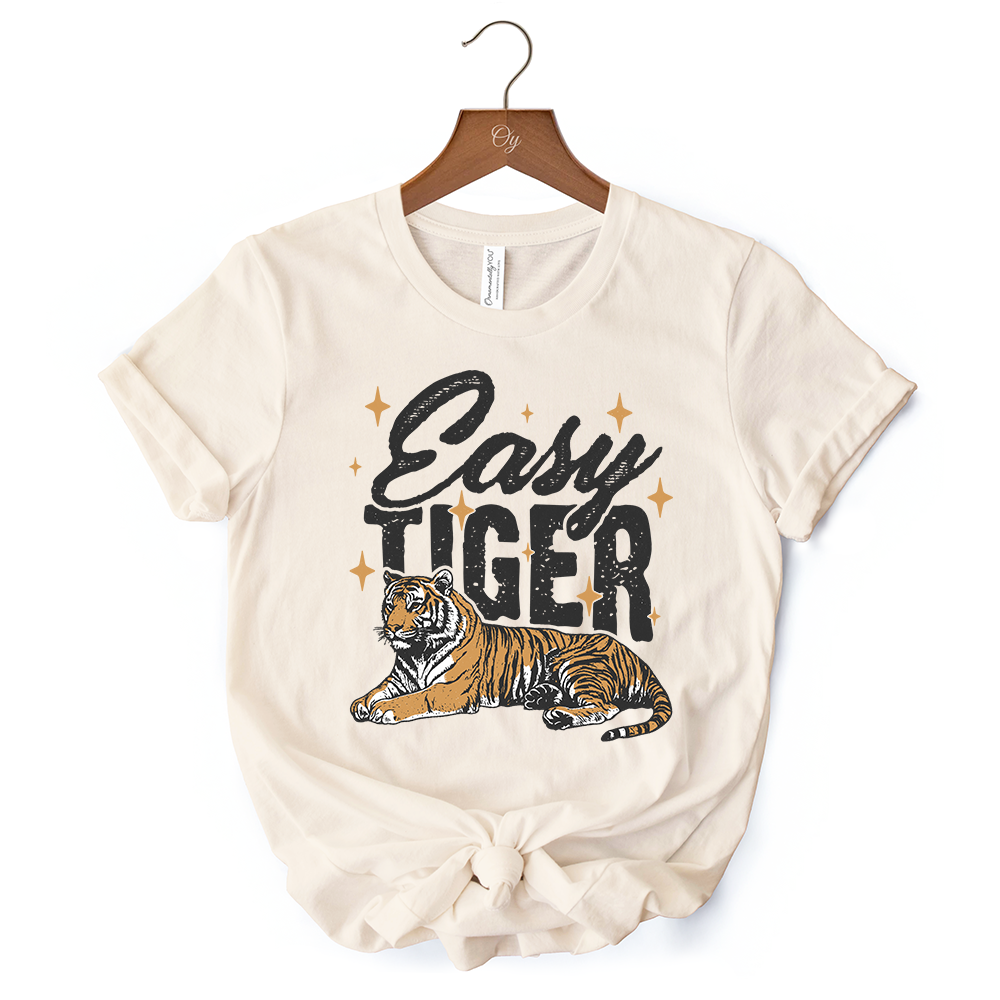 Easy Tiger Retro Grunge T-Shirt, Vintage White and Natural Tee With Wild Animal