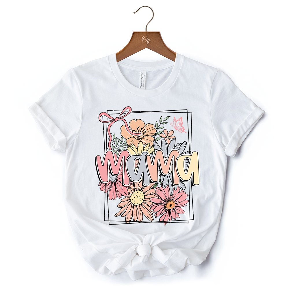 Floral Mama Coquette Bow Pastel T-Shirt, White and Natural Boho Tee With Spring Flower