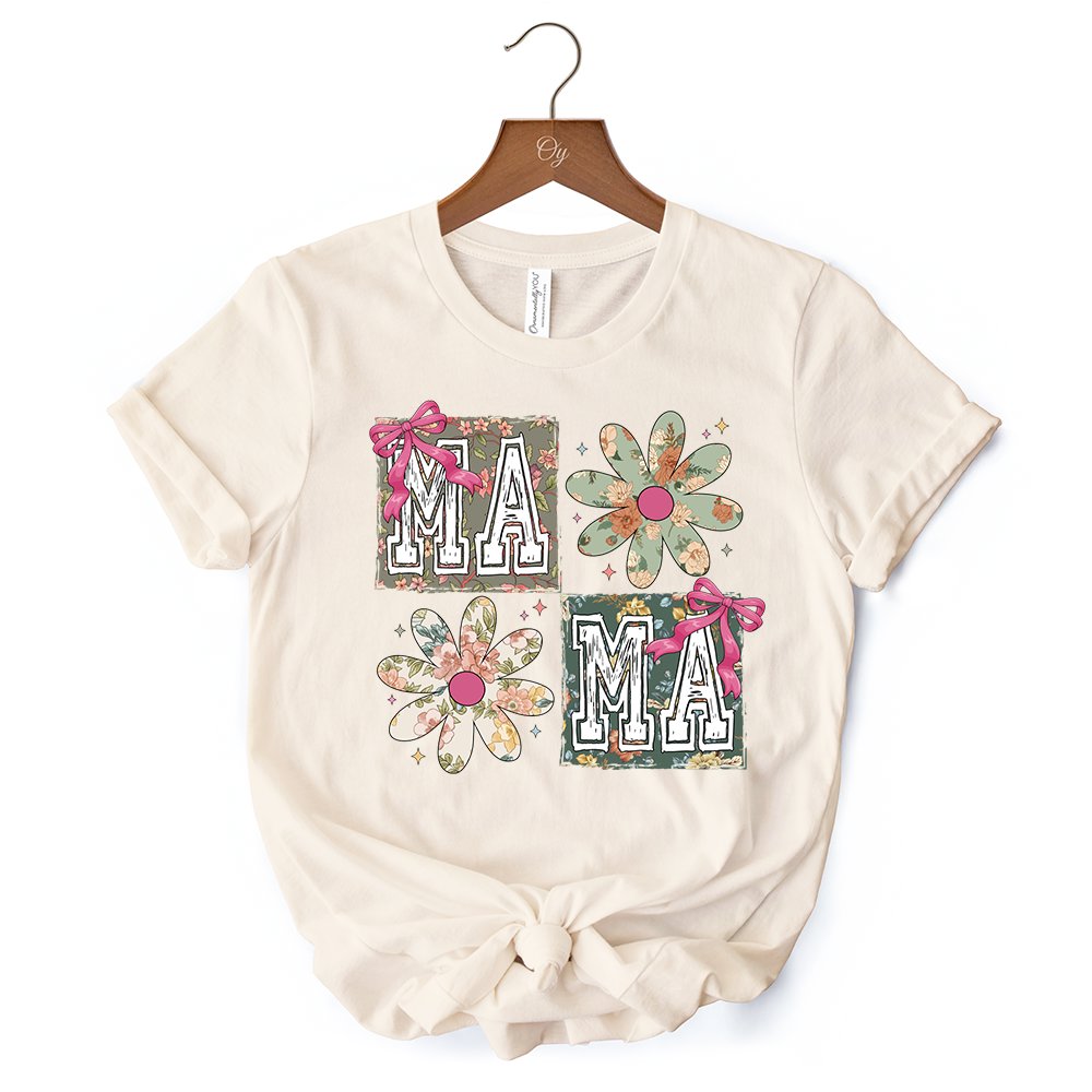 Floral Mama Coquette T-Shirt, White and Natural Boho Tee for Sweet and Stylish Moms
