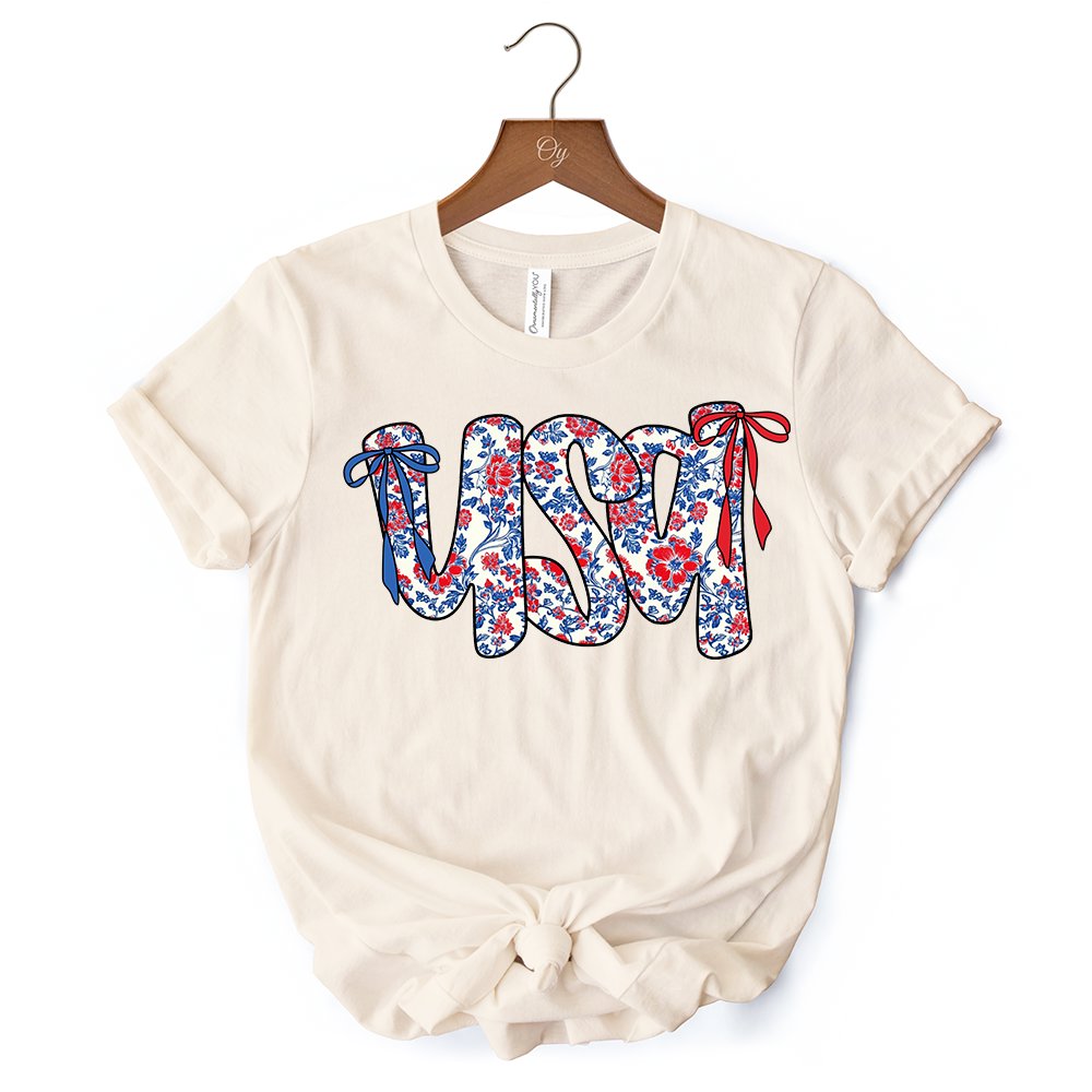 Floral USA Patriotic T-Shirt, 4th of July White, Natural and Black Tee for Stylish Women